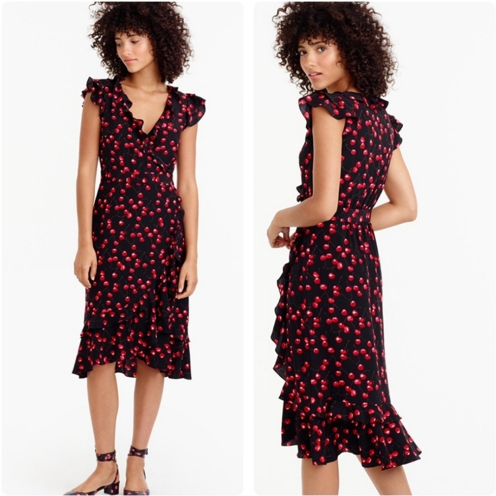 LIKE NEW size 12 J. Crew black silk cherry print faux wrap midi dress